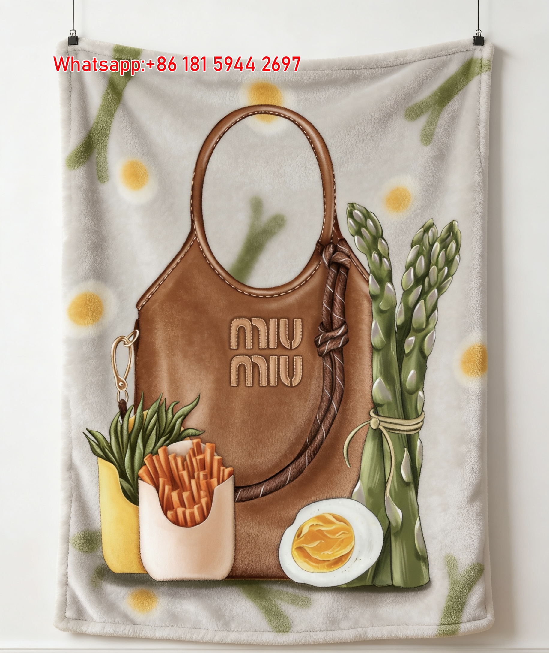 Miu Miu Brown Tote Bag & Food Art Print Flannel Throw Blanket - Neutral Beige & Green IMG_0601
